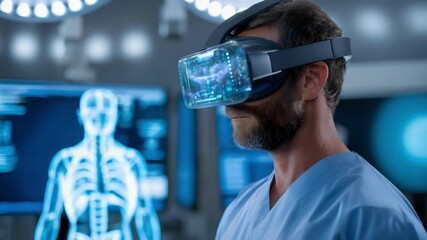 A medical professional wearing a VR headset in a high-tech lab with a holographic skeleton display in the background. - Powered by Adobe