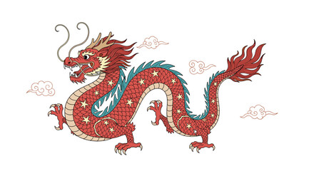 Naklejka premium Majestic Chinese dragon illustration with clouds for Lunar New Year designs and cultural projects, vibrant and detailed