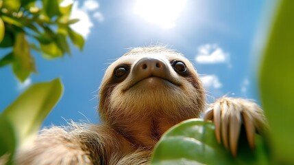 Obraz premium Curious sloth reaches out among green leaves under a bright sky during a sunny day in the rainforest