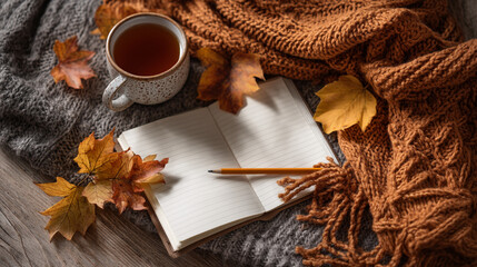 Still life of tea cup open notebook pencil and autumn leaves on knitted blankets