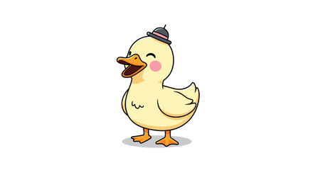 Cute cartoon duck with a tiny hat smiling happily, perfect for children's books and cheerful invitations