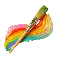 Obraz premium Paintbrush resting on a swirl of vibrant, rainbow-colored paint against a dark background