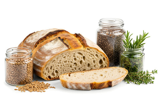 Artisan sourdough bread with fresh wheat grains, chia seeds, rosemary, and thyme, showcasing natural ingredients for healthy baking and culinary inspiration.
