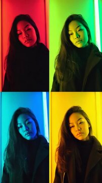 Portrait of a Young Asian Woman in Four Different Neon Light Colors: Red, Green, Blue, and Yellow, Fashion and Beauty Concept