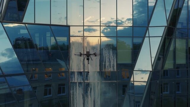 aerial view of Industrial drone spraying foam and water while cleaning glass facade of modern office building with sunset reflections