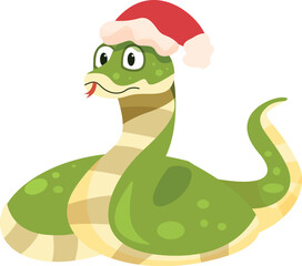 Funny cartoon green snake wearing christmas santa hat and showing tongue