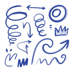 Collection of Blue Hand-Drawn Arrows, Swirls, and Symbols on White Background
