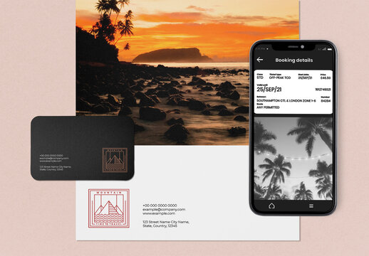 Travel Themed Stationery And Mobile App Mockup PSD