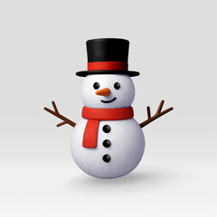 Cute 3D snowman with a black top hat, red scarf, and stick arms, perfect for winter, Christmas, and holiday designs. Vector illustration