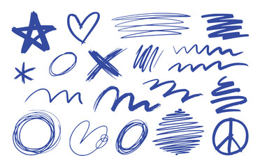 Collection of Blue Hand-Drawn Scribble Shapes and Symbols on White Background
