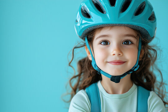 Young girl with curly hair smiles while wearing blue bicycle helmet against matching background