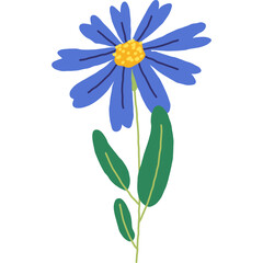 A Single Blue Flower with Green Leaves and a Yellow Center on a Transparent Background