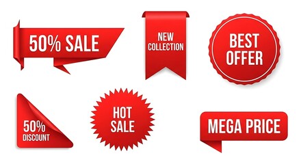 Set of Red Promotional Sale Tags and Labels.