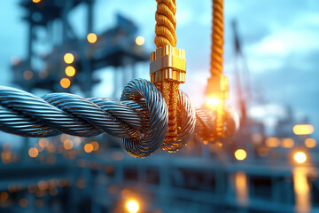 Close up of intertwined metal cables with golden connectors, set against blurred industrial background