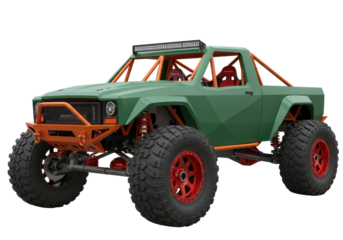 Green and orange off-road truck isolated, custom-built vehicle with large tires for extreme terrain and outdoor adventure