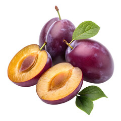 Sweet Fresh Plums: Whole and Halved Purple Fruit with Green Leaves, Healthy Eating, Produce. on transparent background