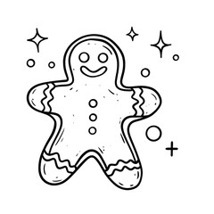 Smiling gingerbread man with icing and sparkles in festive black and white Christmas line art style
