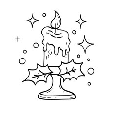 Melting candle with holly leaves and sparkles in festive black and white Christmas line art style

