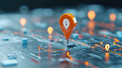 Digital map with glowing location pins and circuit like pathways symbolizes modern navigation technology