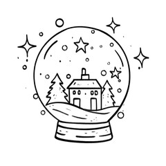 Snow globe with house, trees, stars, and snow in charming black and white festive line art style

