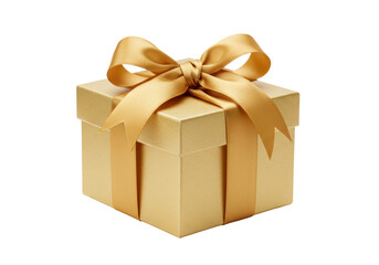 Obraz premium Golden gift box with ribbon isolated on transparent background, present for Christmas or birthday celebration in PNG format
