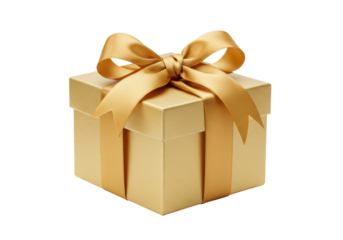Golden gift box with ribbon isolated on transparent background, present for Christmas or birthday celebration in PNG format