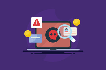 Financial records and personal document is under magnifier view, warning and digital skull signals cyber identity breach.