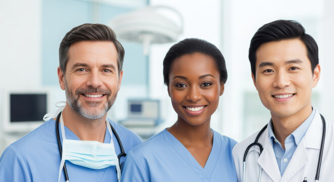 Diverse team of smiling healthcare professionals in blue scrubs and white coats working together in a modern medical clinic