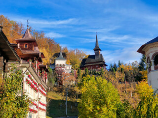 Obraz premium Wooden church from Rohia Monastery, in Maramures county, now a museum of icons and old books (Biserica de lemn de la Mănăstirea Rohia, Maramureș, România, acum muzeu de icoane și carte veche)