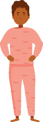 Confident young man wearing pink pajamas standing with hands on his hips, representing morning routine, relaxation, or comfortable homewear