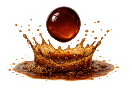 Cola splash creating a crown with a hovering liquid sphere, fizzy carbonated beverage dropping with bubbles
