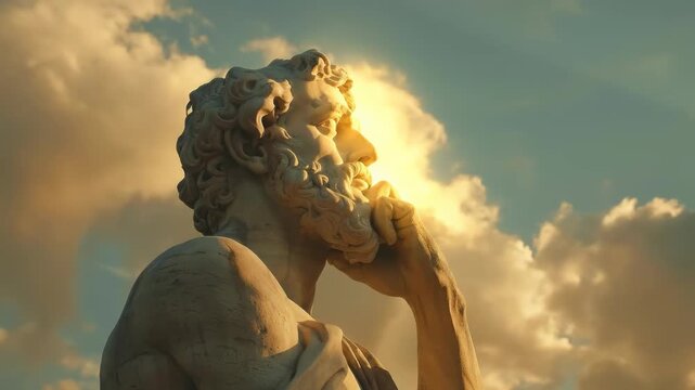 Majestic classical marble statue, an embodiment of profound philosophical contemplation, depicting a wise man reflecting deeply against an ethereal sky, touched by inspiring golden light.