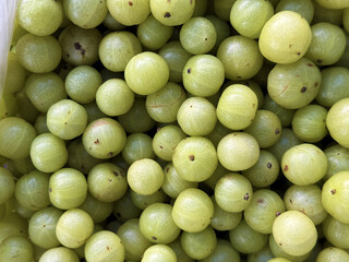 Closeup shows a pile of light green amla berries, forming a colorful heap