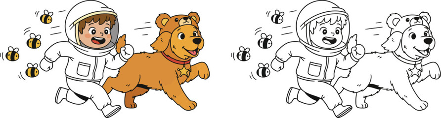 Cute Cartoon Astronaut Kid and Dog in Bear Costume Running from Bees - Fun Adventure and Playful Chase Illustration