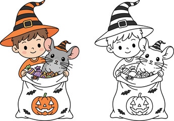 Cute Cartoon Boy and Chinchilla in Witch Hats with Halloween Candy Bag - Trick or Treat Illustration
