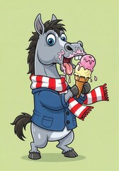 A cartoon horse eating an ice cream cone