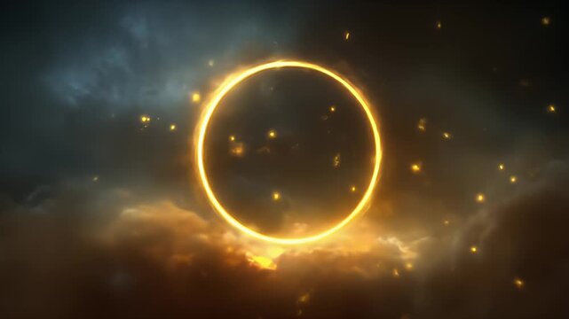 A Fiery Celestial Ring Appears Amidst Dramatic Dark Clouds and Golden Particles in a Cosmic Sky During a Partial Solar Eclipse Event Showing Intense