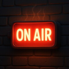 Lit "ON AIR" sign glows red on a brick wall, suggesting broadcast activity