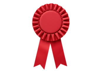 Red ribbon rosette isolated on transparent background, award badge for recognition and achievement