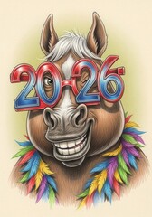 A drawing of a horse wearing glasses and a lei