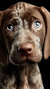Close-up Portrait of an Adorable Brown and White German Shorthaired Pointer Puppy with Striking Blue Eyes on Dark Background