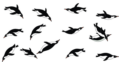 Penguins swimming illustration, dynamic bird poses in water, wildlife art, Antarctic animals, underwater motion, black and white design, nature scenePenguins swimming illustration, 