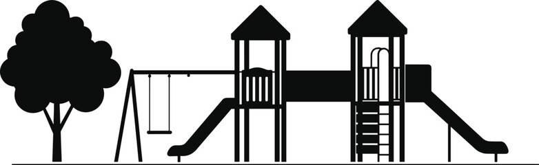 Playground silhouette illustration, slides and swings design, outdoor play area art, children recreation scene, park structure, family fun, nature