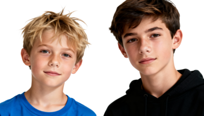 Two young boys smiling, one blond and one brunette, looking at the camera., transparent background png