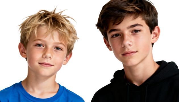 Two young boys smiling, one blond and one brunette, looking at the camera., transparent background png - Powered by Adobe