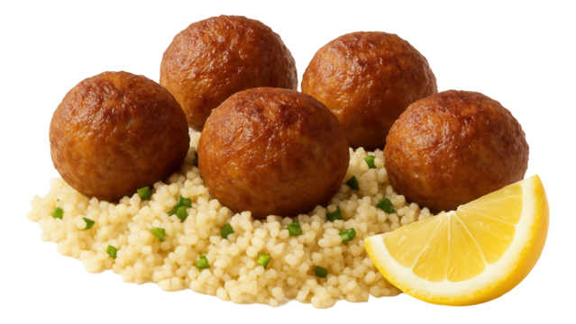 Meatball trio arranged in a pool of spicy arrabbiata sauce, topped with grated parmesan cheese.