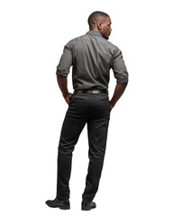 Fototapeta premium Stylish man in black shirt and pants posing confidently isolated