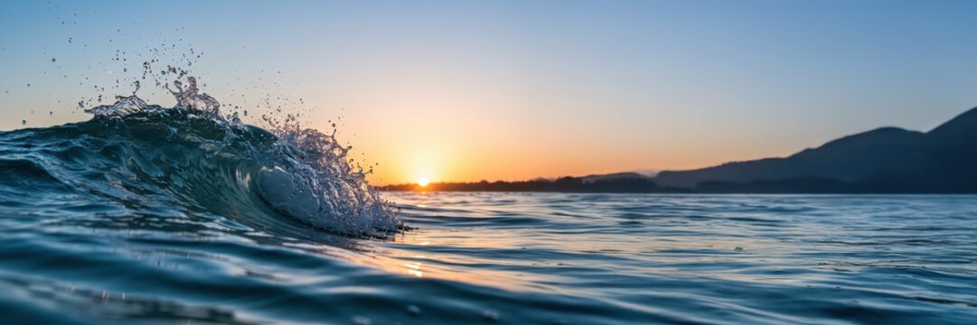 Powerful ocean wave breaking with crashing white foam. Blue water, orange and blue sky at sunrise or sunset. Nature power concept for design banner, poster, wallpaper or pre