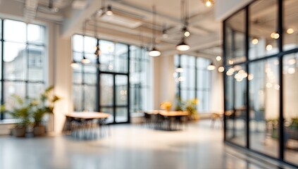 Blurry indoor office space with large windows