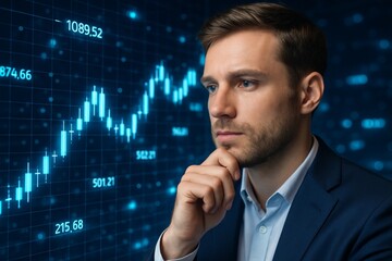 Thoughtful businessman analyzing financial market data with digital stock chart on futuristic interface background in modern style concept illustration. Ai generative